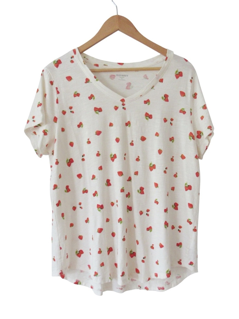 Old Navy Strawberry Short Sleeve Tee XL Cream V-Neck Cotton Fruit Breathable